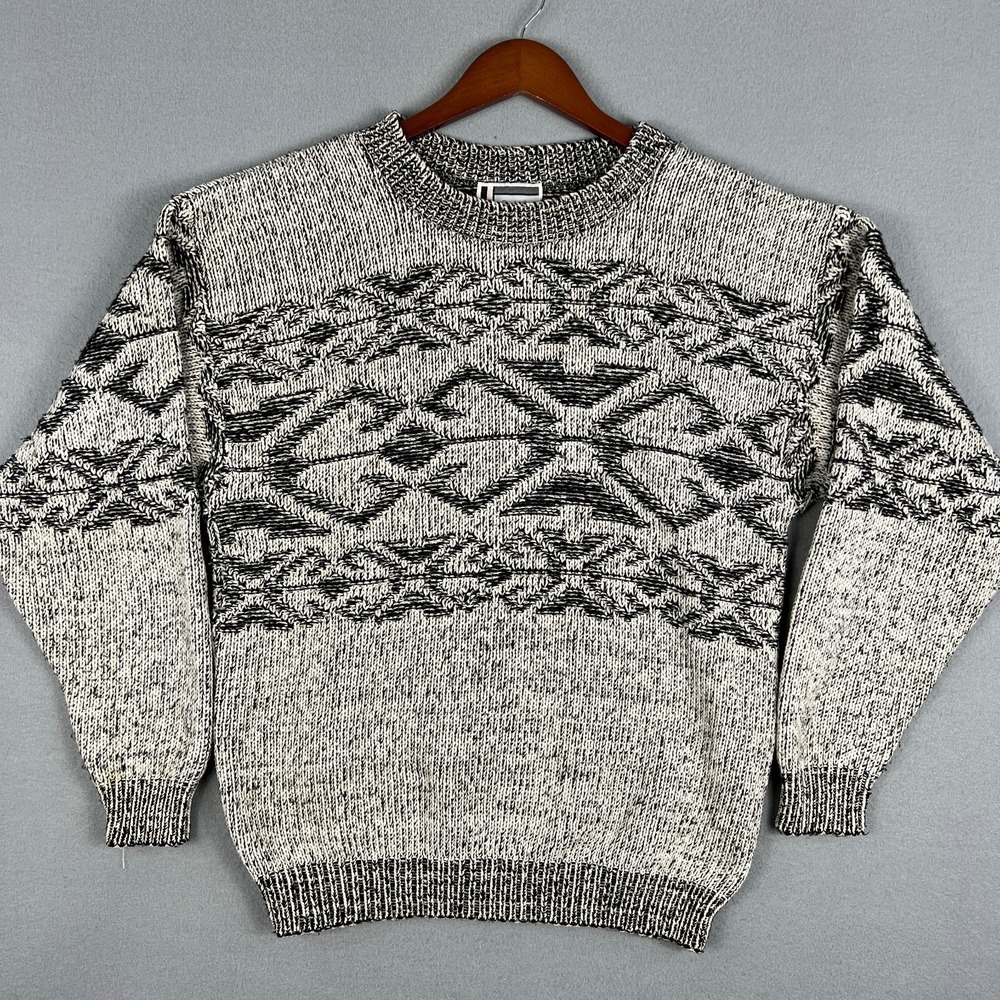 VTG Nordic Geometric Knit Sweater Fits Medium Gray Black Retro 1990s Fair Isle